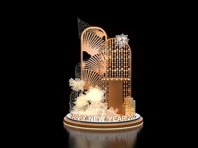 New Year 2024 Photo Spot with Golden Fan Shaped Patterns Lit Grid and White Flowers 3d model