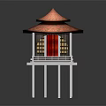 Traditional Asian Pavilion Featuring Two Tiered Red Tile Roof And White Support Pillars