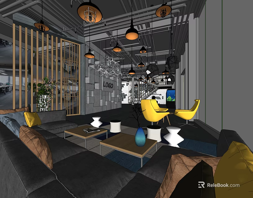 Modern Front Desk Reception Area With Gray Sofa Yellow Chairs And Pendant Lights 3d model 