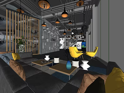 Modern Front Desk Reception Area With Gray Sofa Yellow Chairs And Pendant Lights 3d model