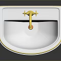 White Pedestal Sink With Gold Trim And Elegant Gold Faucet Design