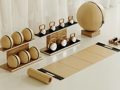 Organized Home Fitness Area Featuring Yoga Balls Kettlebells Yoga Mat and Wooden Racks 3d model