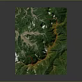 3D Terrain Model of Green Mountain Ranges With White Snowy Peaks on Black Background