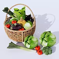 Fresh Vegetables in Wicker Basket with Cabbages Tomatoes Broccoli and Leeks on White Background