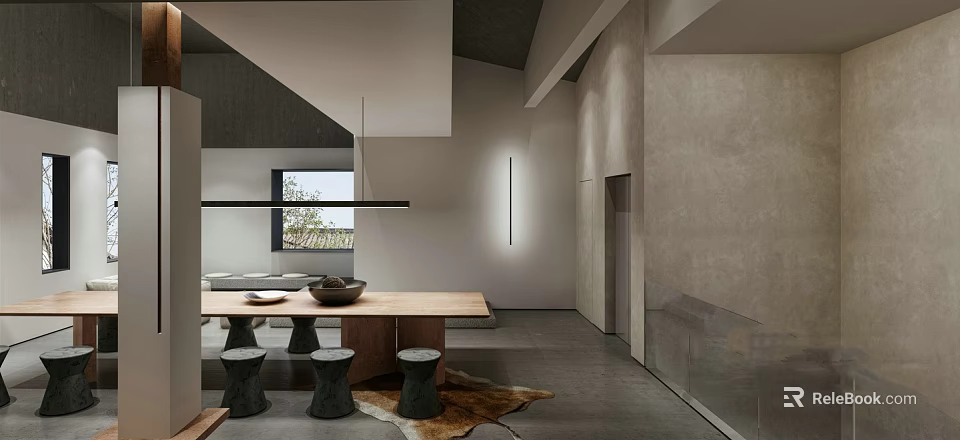 Modern Minimalist Tea Room Interior With Long Table And Stools 3d model