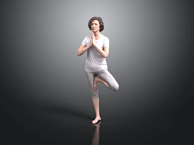 Woman Practicing Yoga Tree Pose With Hands In Prayer On Black Floor 3d model