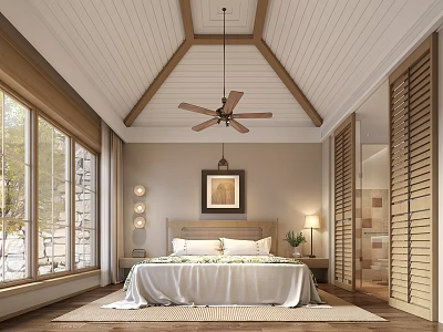 Modern Bedroom Interior Design With Ceiling Fan Framed Art And Area Rug 3d model