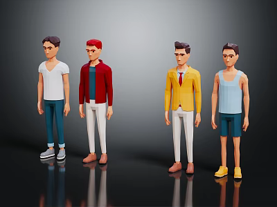 Four Male Characters With Casual And Formal Outfits Including T Shirts Jackets Blazer And Shorts 3d model