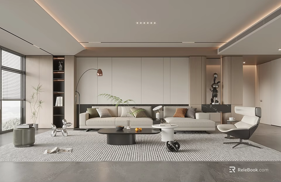 Modern Living Room Interior With Beige Sofa Geometric Rug Floor Lamp And Wooden Decor 3d model 