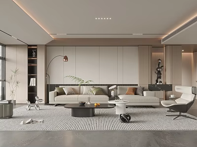 Modern Living Room Interior With Beige Sofa Geometric Rug Floor Lamp And Wooden Decor 3d model