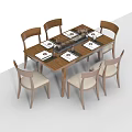 Modern Wooden Dining Table Set With Six Chairs And Tableware Placemats 3d model