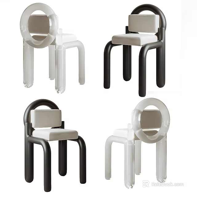Modern Single Chair With Curved Frame And Circular Backrest In Black White Colors 3d model 