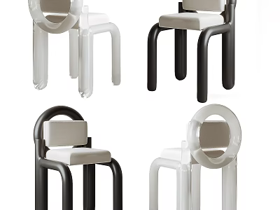 Modern Single Chair With Curved Frame And Circular Backrest In Black White Colors 3d model
