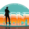 Modern Tech Exhibition Hall With Innovation Meeting Stage And Neon Design Sprint Signage