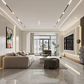 Modern Living and Dining Interior With Beige Sofa Coffee Table TV Wall and Floor-to-Ceiling Window