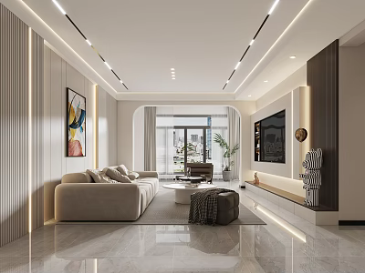 Modern Living and Dining Interior With Beige Sofa Coffee Table TV Wall and Floor-to-Ceiling Window 3d model