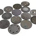 Urban Road Infrastructure Components Featuring Various Designed Manhole Covers For Drainage Systems 3d model