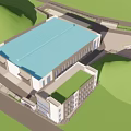 Modern Industrial Factory Aerial View With Blue Roof Green Roof Building and Surrounding Trees