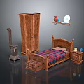 Vintage Rustic Bedroom Interior With Wooden Bed Wardrobe Stove And Nightstand