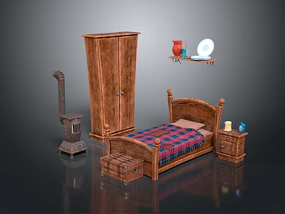 Vintage Rustic Bedroom Interior With Wooden Bed Wardrobe Stove And Nightstand 3d model