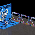 Rock Festival Live Band Performance On Blue Stage With Musical Instruments