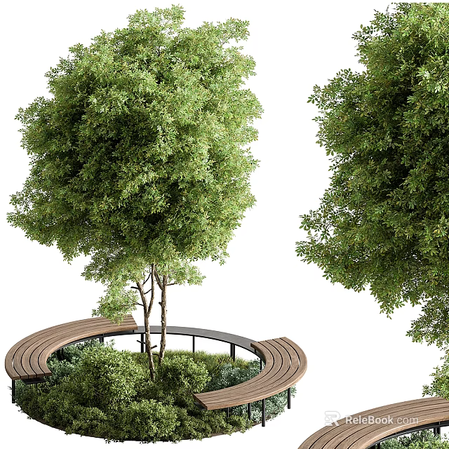 Lush Green Trees with Circular Wooden Bench and Surrounding Lush Greenery 3d model 
