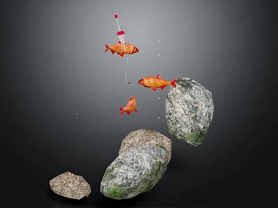 Vibrant Red Fish Floating Near Mossy Rocks With Fishing Line Details 3d model
