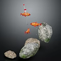 Vibrant Red Fish Floating Near Mossy Rocks With Fishing Line Details