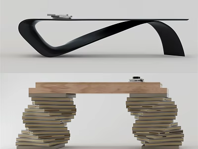 Unique Modern Desk With Black Curved Structure And Wooden Top On Stacked Books 3d model