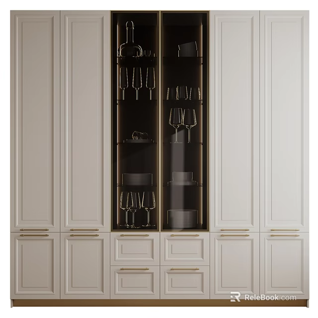 White Modern Storage Cabinet With Glass Door Gold Handles Wine Glasses And Dishes 3d model 