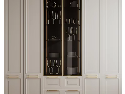 White Modern Storage Cabinet With Glass Door Gold Handles Wine Glasses And Dishes 3d model
