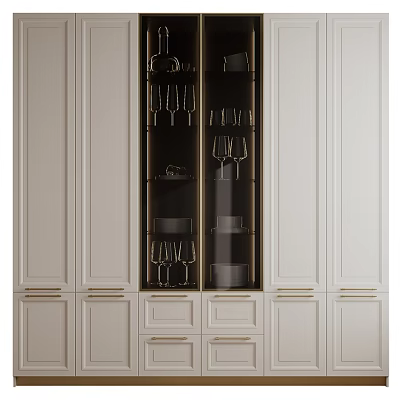 White Modern Storage Cabinet With Glass Door Gold Handles Wine Glasses And Dishes 3d model
