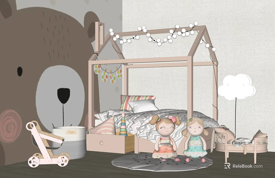 House Shaped Kids Bed With String Lights Stuffed Toys Pillows And Rug 3d model 