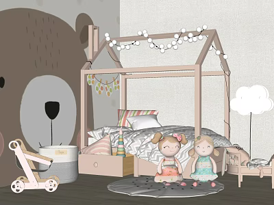 House Shaped Kids Bed With String Lights Stuffed Toys Pillows And Rug 3d model