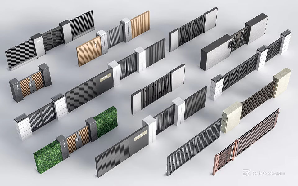 Various Modern Entrance Gates Featuring Wooden Metal Designs And Greenery Elements 3d model 