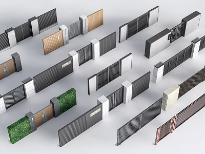 Various Modern Entrance Gates Featuring Wooden Metal Designs And Greenery Elements 3d model