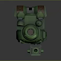 Green Cartoon Style Mechanical Sculpture With Large Goggle Eyes Yellow Triangle On Chest