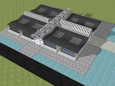 Modern Architectural Complex With Black White Striped Roof Connected Units And Large Windows 3d model