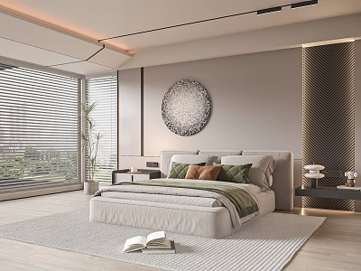 Modern Bedroom Interior With Comfortable Bed Green Brown Pillows Circular Wall Decor And Blinds 3d model