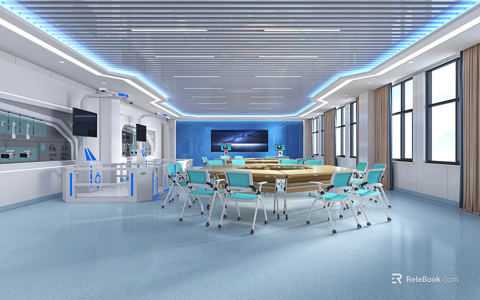 School Modern Multifunctional Meeting Room With Long Table Blue Chairs Large Screen And Bright Windows 3d model 