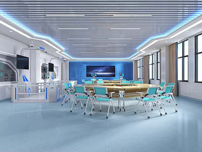 School Modern Multifunctional Meeting Room With Long Table Blue Chairs Large Screen And Bright Windows 3d model