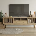 Wooden TV Stand With Drawers Open Shelves Flat screen TV Cactus Plant And Round Gray Rug
