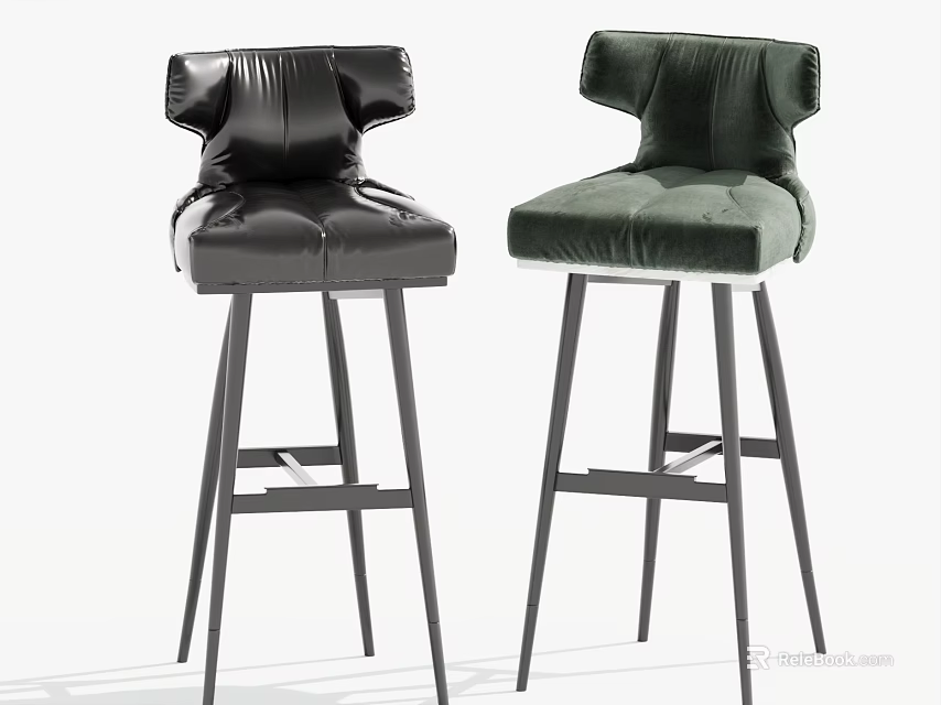 Modern Black Leather And Green Velvet Bar Stools With Metal Legs Design 3d model 