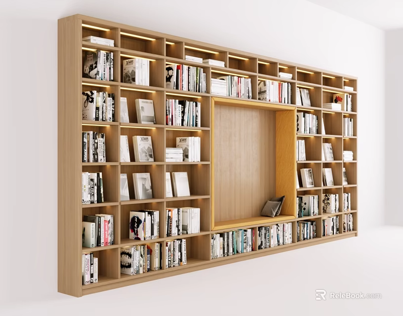 Modern Wooden Bookshelf Design With Multiple Compartments Filled With Books And Photo Frames 3d model 