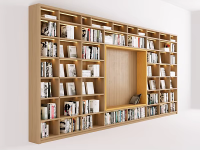Modern Wooden Bookshelf Design With Multiple Compartments Filled With Books And Photo Frames 3d model
