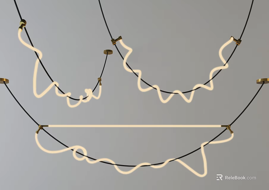 Modern Curved Chandelier With Hanging Metal Wires And LED Light Strips 3d model 