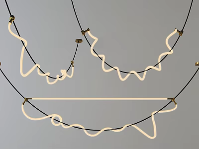 Modern Curved Chandelier With Hanging Metal Wires And LED Light Strips 3d model