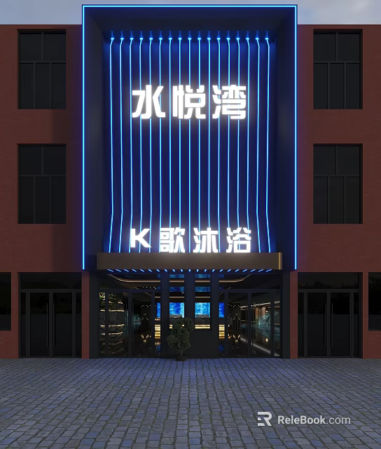 Modern KTV Exterior With Blue Neon Stripes Glass Doors And Vibrant Entrance Design 3d model 