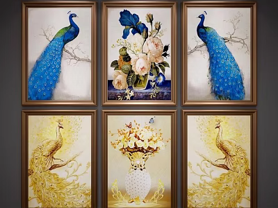 Six Panel Framed Peacock Paintings With Blue Gold Peacocks And Flower Bouquets 3d model