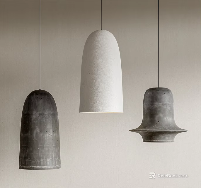 Three Modern Pendant Lights With Different Textured White And Gray Designs 3d model